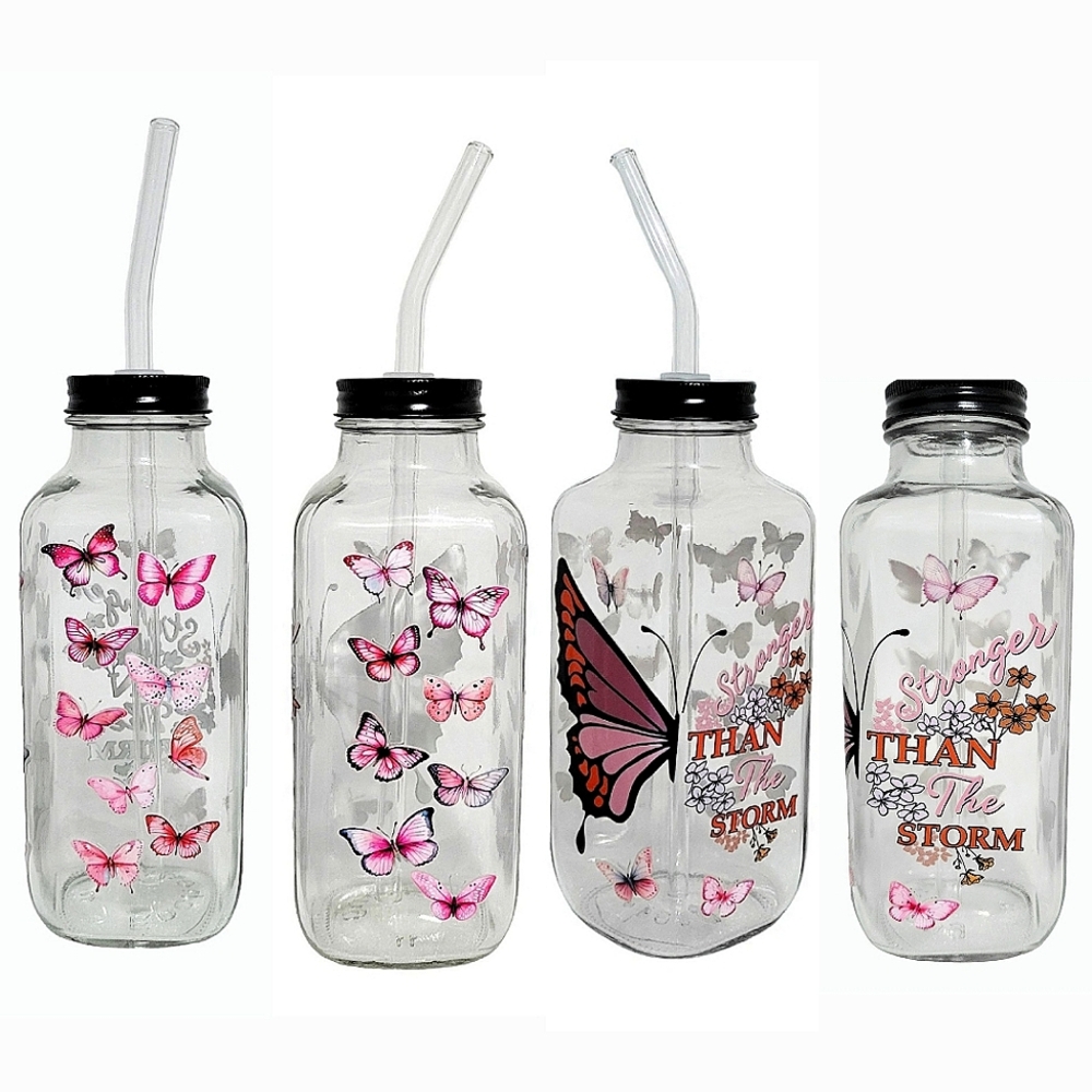 Butterfly Glass Bottle Iced Coffee Cup 16oz Pink